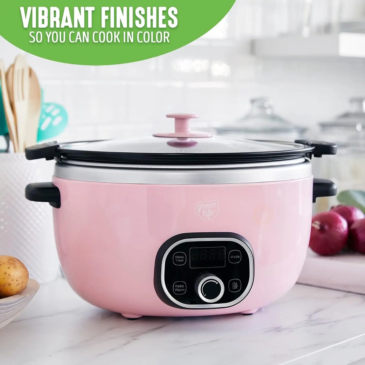 Soft Pink 6-Quart Ceramic Slow Cooker with Digital Timer and Dual-Function Griddle Kitchen Cooking Appliance