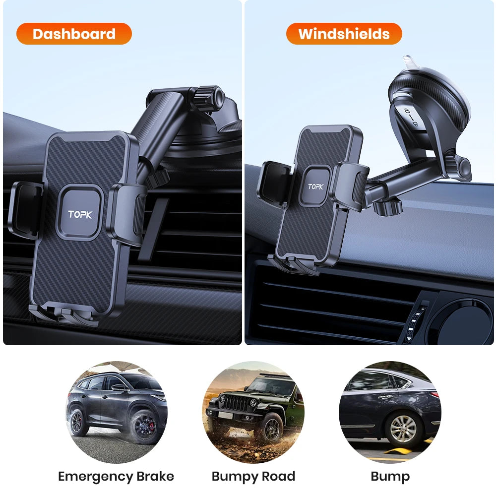 TOPK Car Phone Mount, Universal Dashboard & Windshield Holder, Compatible with iPhone 15 14 13 12 Pro Max, Samsung S24 Ultra