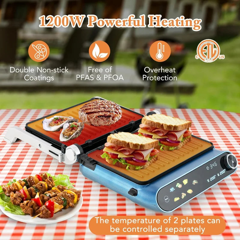 COSTWAY Panini Press, 1200W Sandwich Maker with LED Touch Panel, Non-Stick Coated Plates & Removable Drip Tray