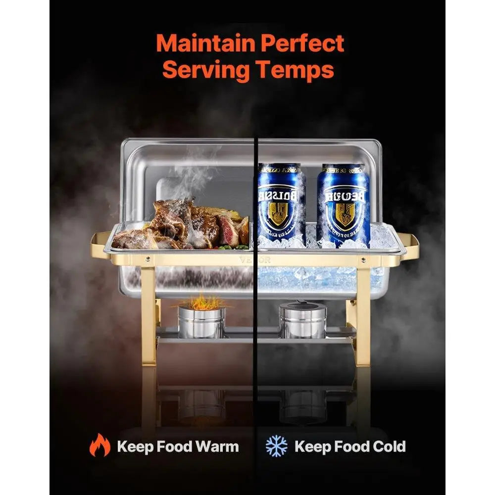 8 Piece Rectangle Chafing Dish Set Buffet Set with Full & Half Size Pans Durable Heat-Resistant Metal Construction Golden Design