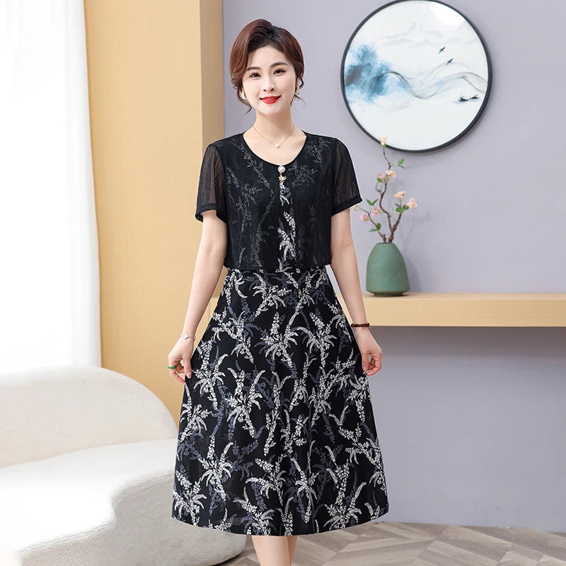 Summer Fake Two Pieces Women's Floral Printed Vestidos Ladies Casual Fashion Short Sleeve Midi Robe Femme Elegant Dress
