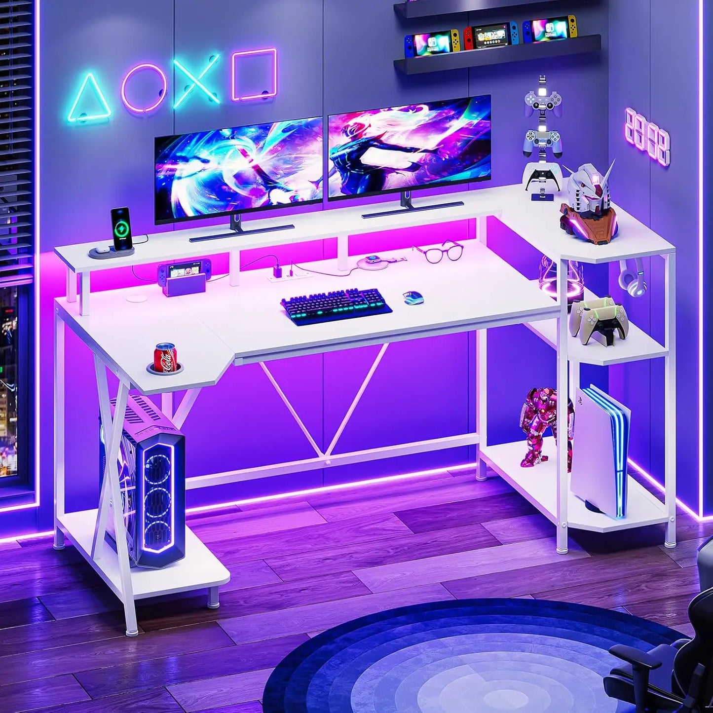 Gaming Desk 55'' with LED Lights and Storage Shelves, Computer Desk with Monitor Stand, Power Outlets and Cup Holder