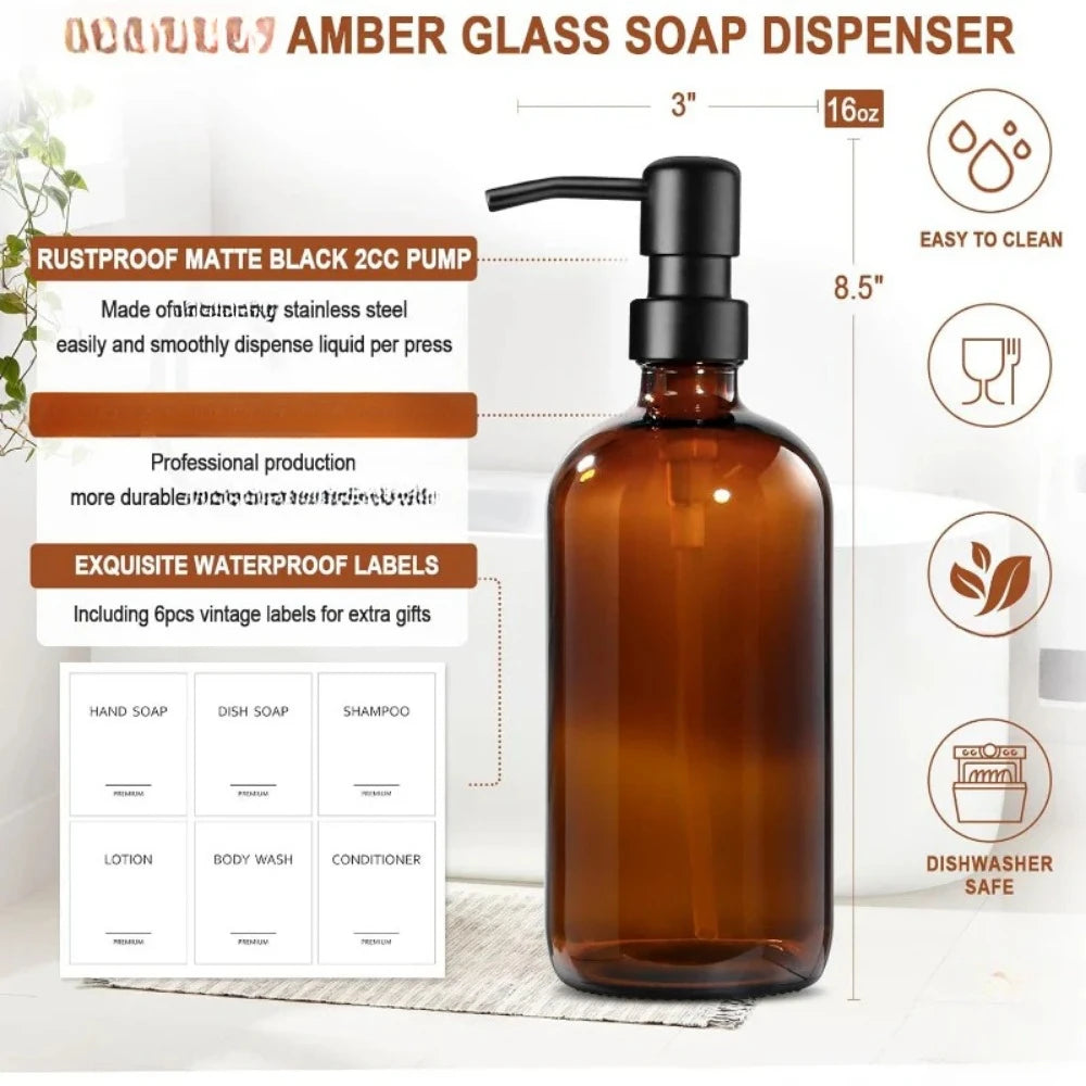Amber Glass Soap Dispenser 2 Pack Bathroom Hand  Dispenser with Stainless Steel Pump 16 Oz Kitchen Hand  Dish