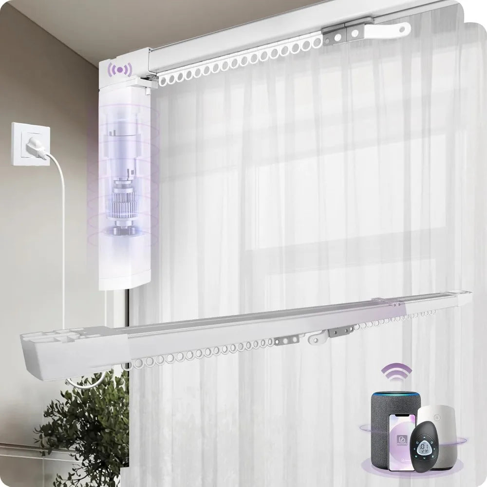 Smart Curtain Track Retractable Motorized Centre-opening Curtain Rail Compatible with Alexa Google Easy to Control by Voice