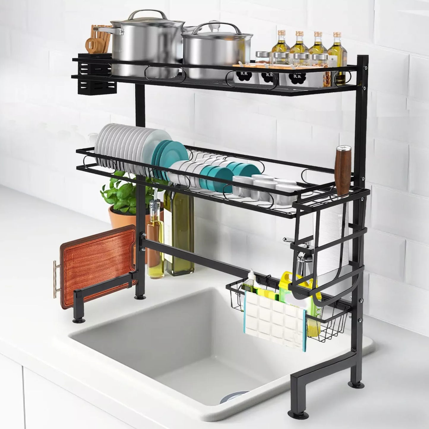 2-Tiers Kitchen Drain Rack Over Sink Dish Drying Holder Cutlery Drainer Kitchen Shelf Cup Organizer