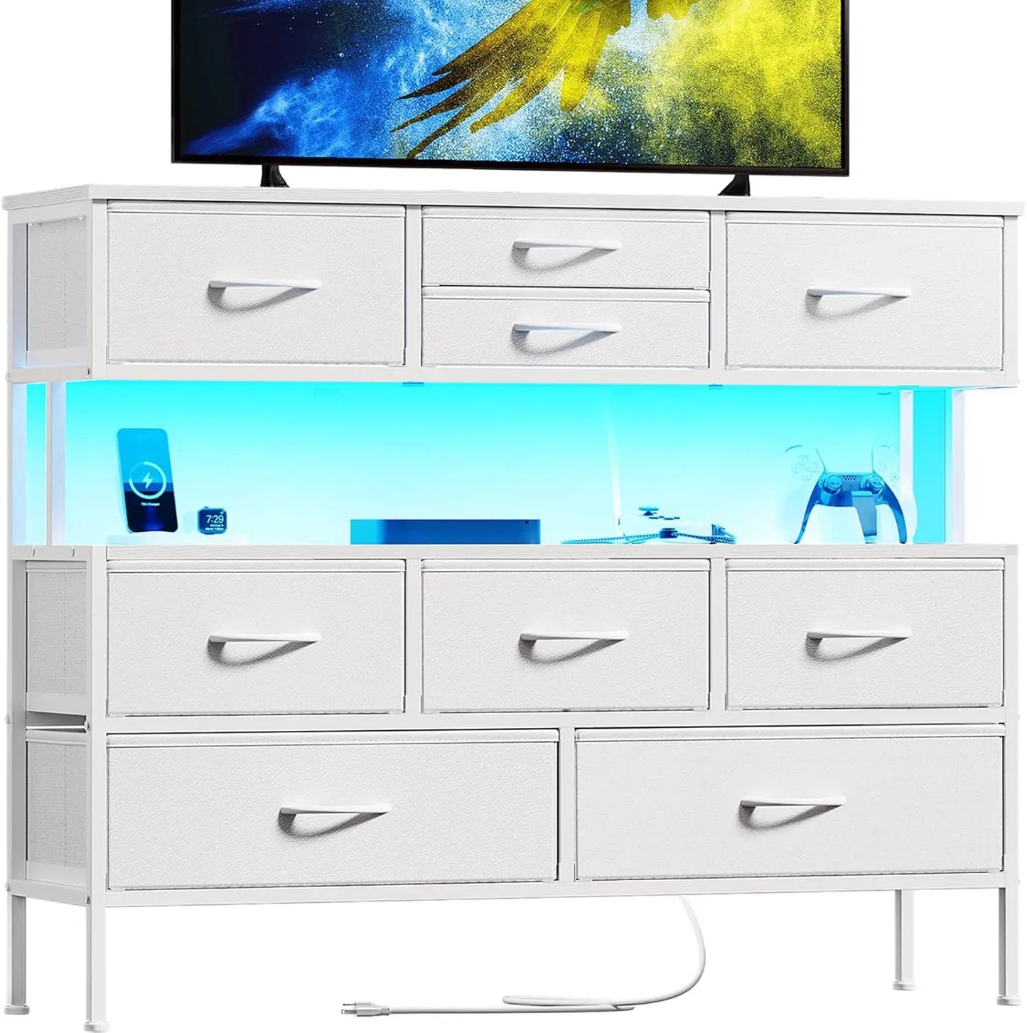 Dresser TV Stand with Charging Station and LED Lights, 55” TV Stand with 9 Drawers, Fabric Dresser for Bedroom, Steel Frame