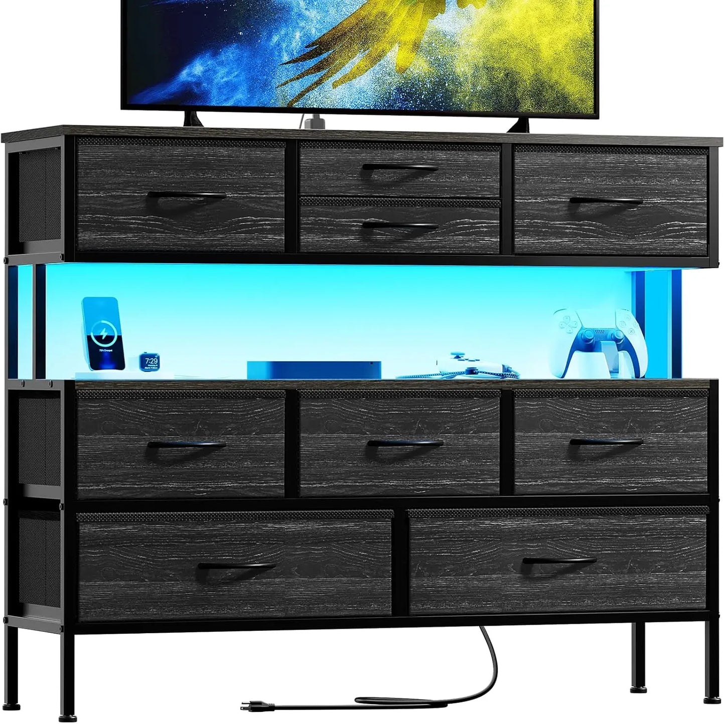 Dresser TV Stand with Charging Station and LED Lights, 55” TV Stand with 9 Drawers, Fabric Dresser for Bedroom, Steel Frame