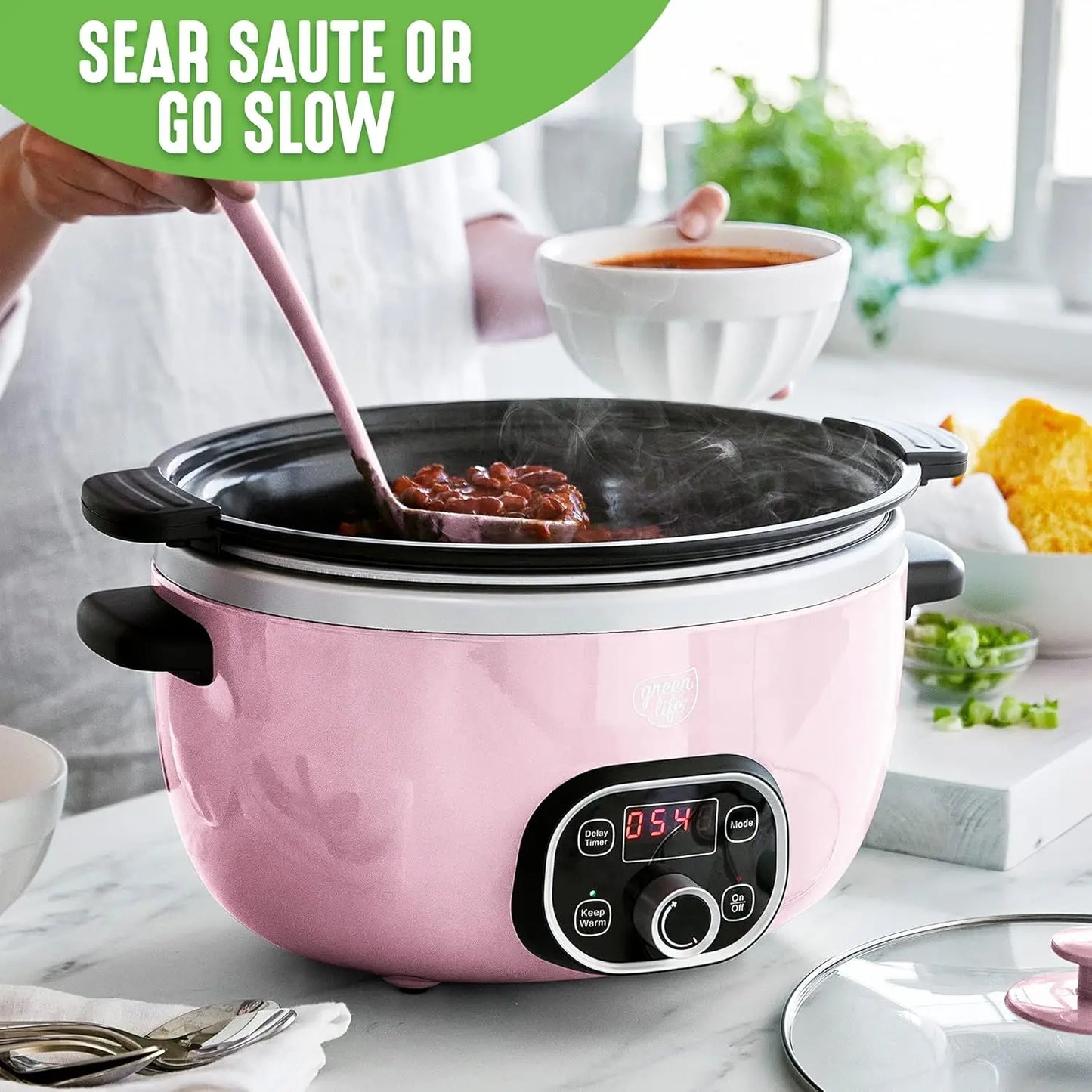 Soft Pink 6-Quart Ceramic Slow Cooker with Digital Timer and Dual-Function Griddle Kitchen Cooking Appliance