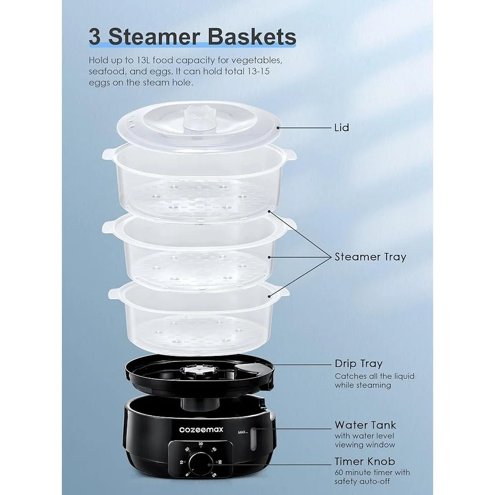 13.7QT Electric Food Steamer 3 Tier BPA Free Fast Cooking Unique Steam Design 800W Timer Anti Dry Protection Kitchen Appliance