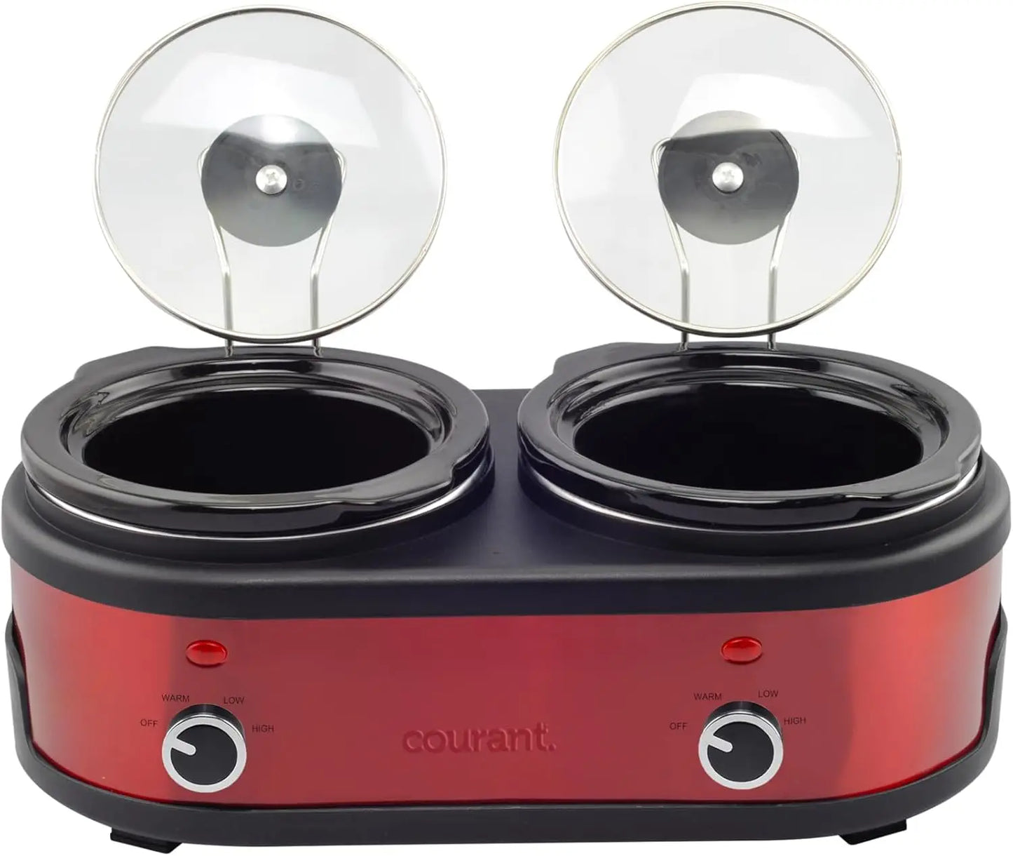 Red 3.2 Quart Double Slow Cooker Stainless Steel And Stainproof Stoneware with Warm Settings And Glass Lids Cooking Appliance