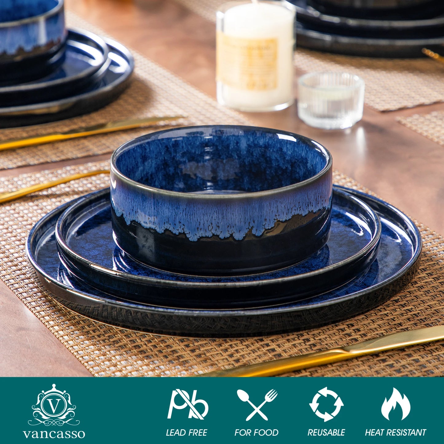 vancasso 12/24/36Piece Dinner set Black Blue Reactive Glaze Vertical edge Dinnerware set with 4PCS Dinner Plate/ Dessert/Bowl