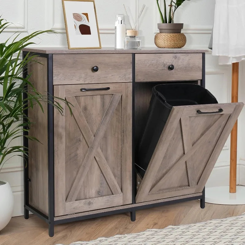Double Tilt Out Trash Cabinet 10 Gallon*2,Kitchen Garbage Cabinet,Pet-Proof Standing Hidden Dual Laundry Sorter