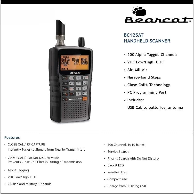 Bearcat BC125AT Handheld Scanner, 500-Alpha-Tagged Channels, Close Call Technology, PC Programable, Aviation, Marine, Railroad