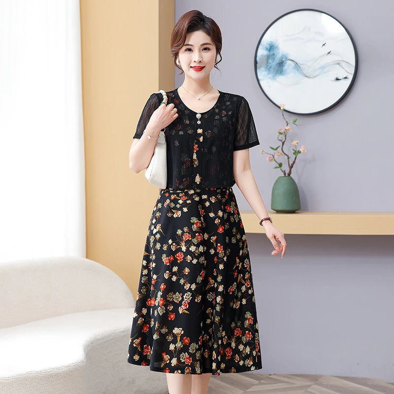 Summer Fake Two Pieces Women's Floral Printed Vestidos Ladies Casual Fashion Short Sleeve Midi Robe Femme Elegant Dress