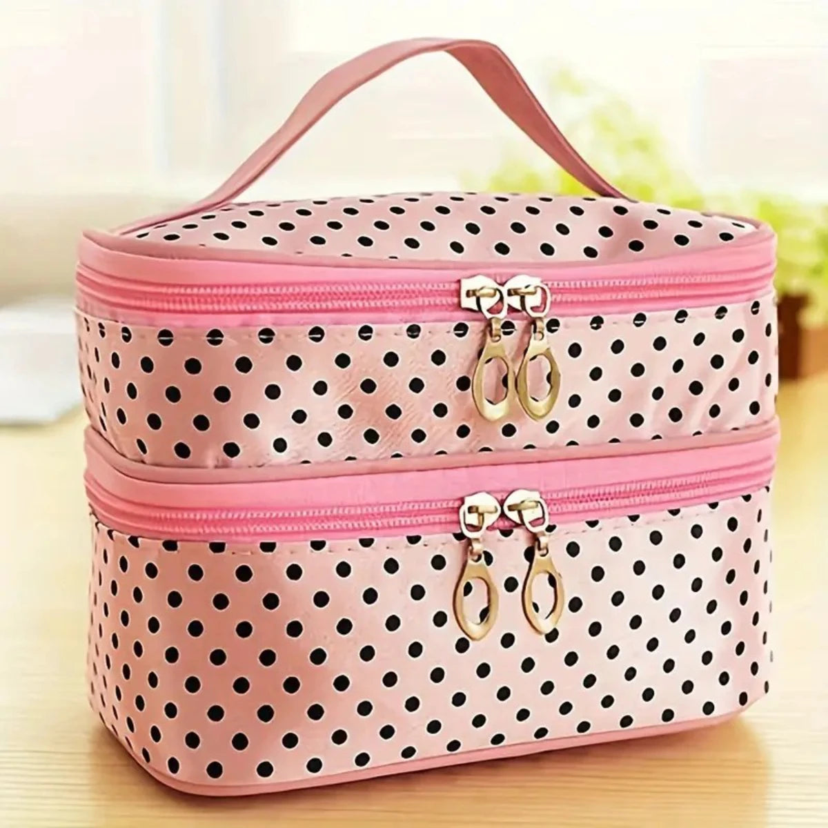 New Title: Double Layer Travel Makeup Bag for Women with Handle, Brush Holder & Polka Dot Design - Compact Toiletry Pouch for Co