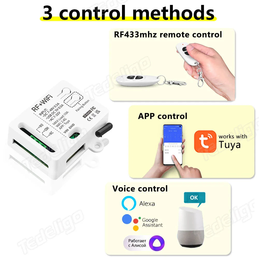 Tuya WiFi Smart Switch 433MHz Wireless Remote Control 1CH AC DC7-32V Controller Smart Home Work With Alexa Google Home Alice