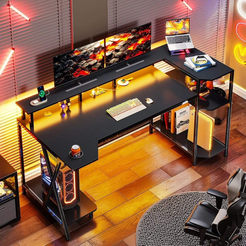 Gaming Desk 55'' with LED Lights and Storage Shelves, Computer Desk with Monitor Stand, Power Outlets and Cup Holder