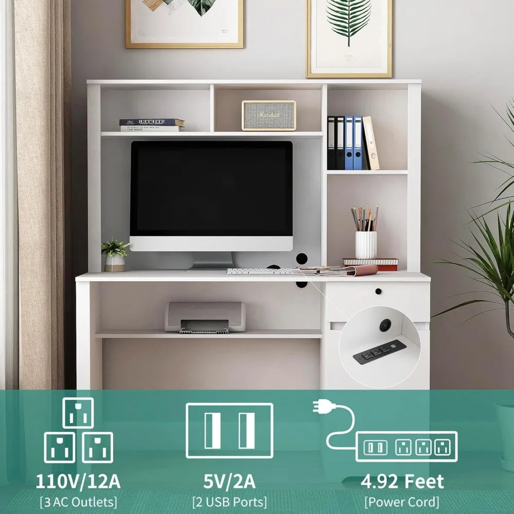 Computer Desk with Hutch, Home Office Desk with Storage Shelves, Built-in AC Outlets and USB Ports,