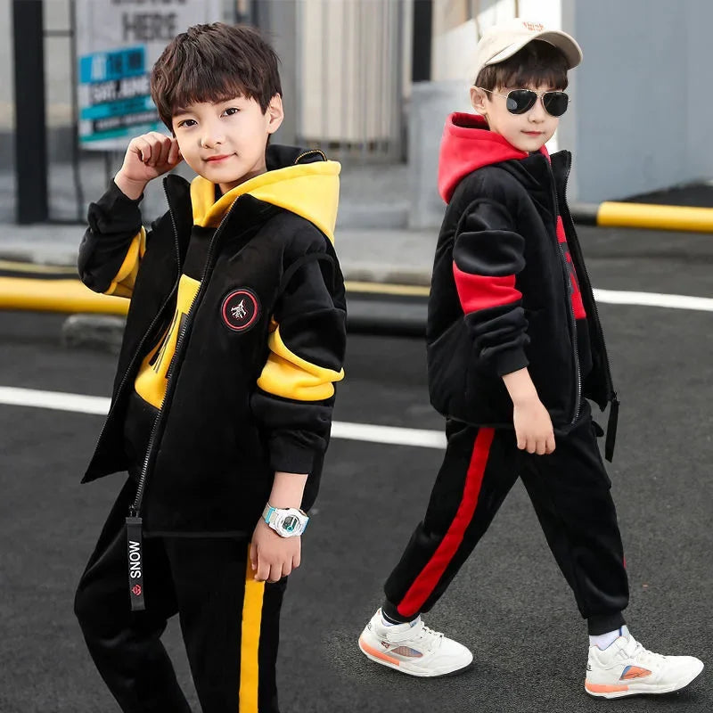 2024 New Fleece-Lined Thickened Boys Suit Three-Piece Set Trendy Autumn/Winter Outfit For Mid to Large Children