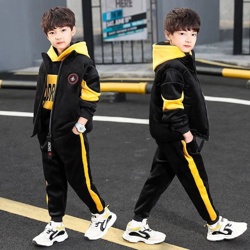 2024 New Fleece-Lined Thickened Boys Suit Three-Piece Set Trendy Autumn/Winter Outfit For Mid to Large Children