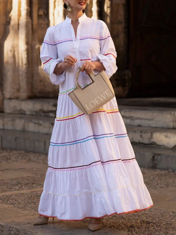 Modigirl Elegant Evening Prom Maxi Dresses 2025 Summer Spring Button Mock Neck Puff Sleeves A-line Party Long Dresses for Woman