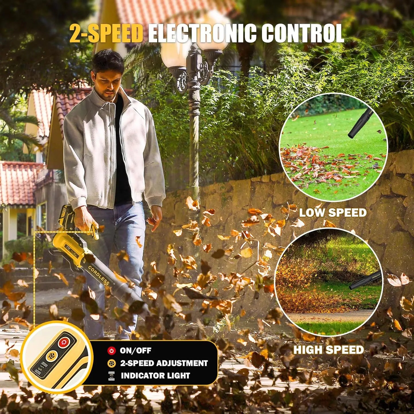 Leaf Blower Cordless with 2× 4.0Ah Batteries and Charger, 560CFM & 180MPH Lightweight Leaf Blower, 2 Speed Electronic Control, 2