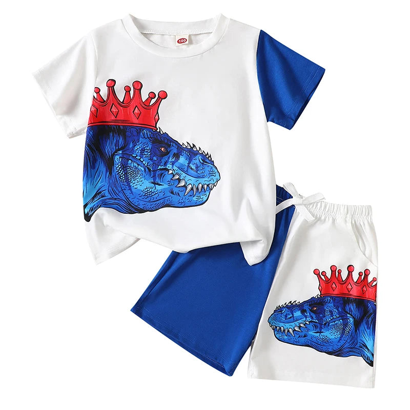 Toddler Boy Casual Summer Outfit Comfortable Fit Crown Dinosaur Graphic Tee with Matching Shorts 2 Piece Set