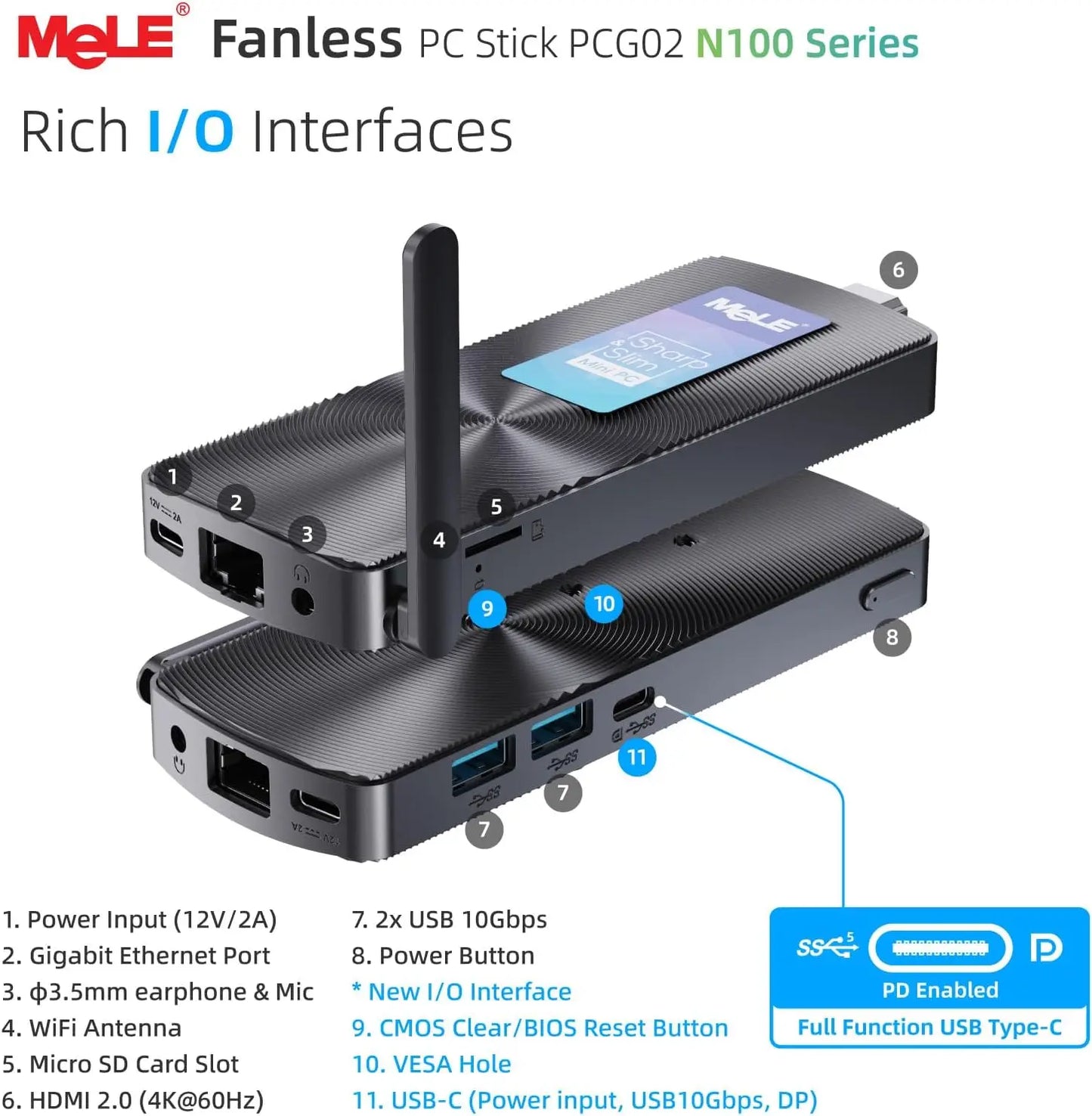 MeLE PCG02 Fanless Mini PC Stick, N100 8GB 128GB 256GB Micro Desktop Computer, Support Auto Power on, Wi-Fi5 Gigabit Ethernet