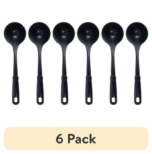 (6 pack) Kitchen Ladle, Black, Nylon, Soft Grip Handle, Dish Washer Safe