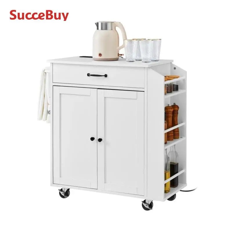 SucceBuy Kitchen Island Cart 32" Mobile Carts with Storage Cabinet Rolling Table with Power Outlet Spice Rack Towel Bar