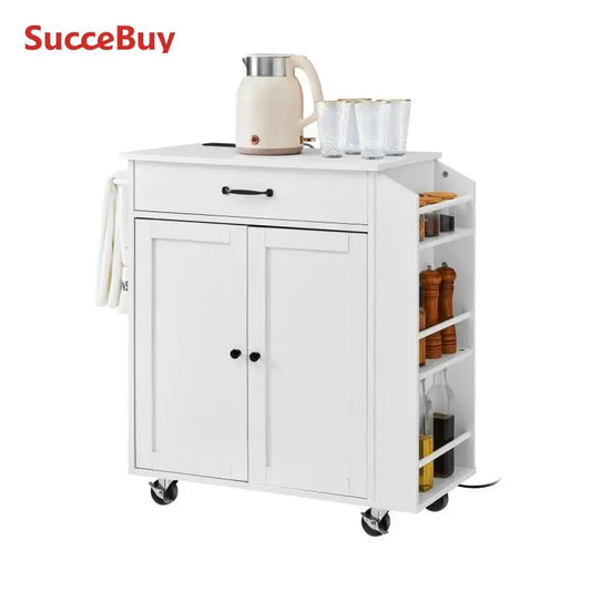 SucceBuy Kitchen Island Cart 32" Mobile Carts with Storage Cabinet Rolling Table with Power Outlet Spice Rack Towel Bar