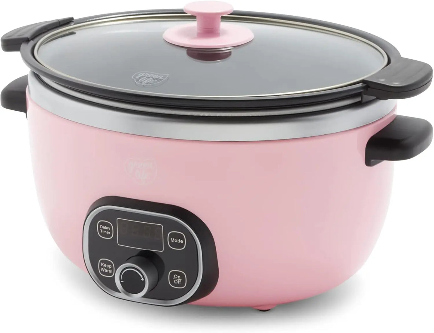 Soft Pink 6-Quart Ceramic Slow Cooker with Digital Timer and Dual-Function Griddle Kitchen Cooking Appliance