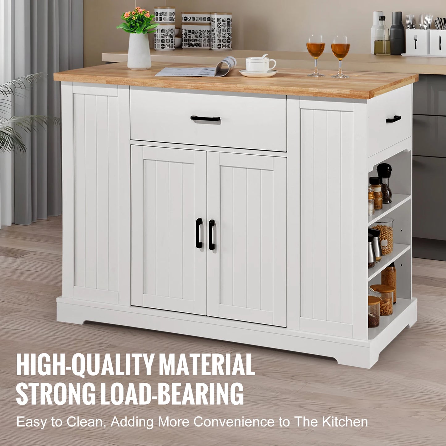 SucceBuy Kitchen Island Cart 46" Wood Top Breakfast Bar with Storage Cabinet Farmhouse Kitchen Table with Shelf Drawer