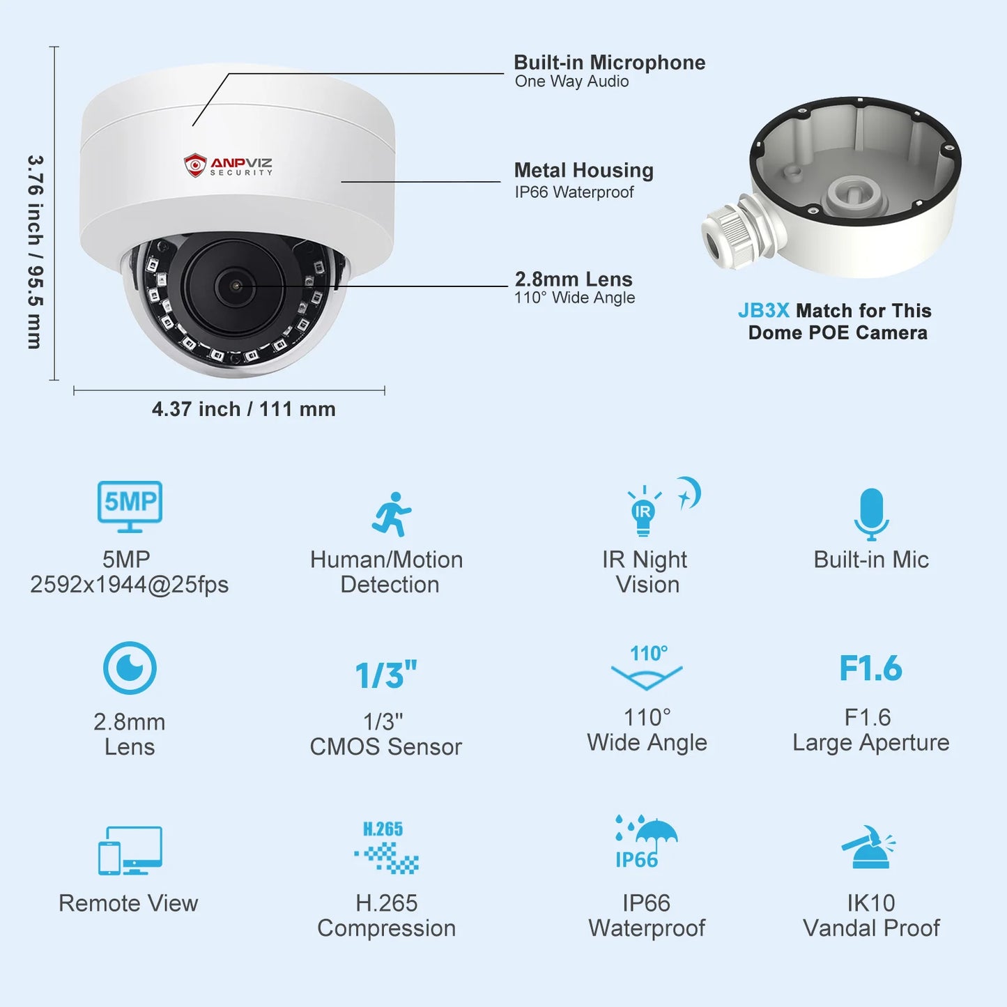 Anpviz 5MP POE IP Dome Camera Outdoor Security Protection Built-in Microphone IP66 IR 30m CCTV Video Camera H.265 VideoLink APP