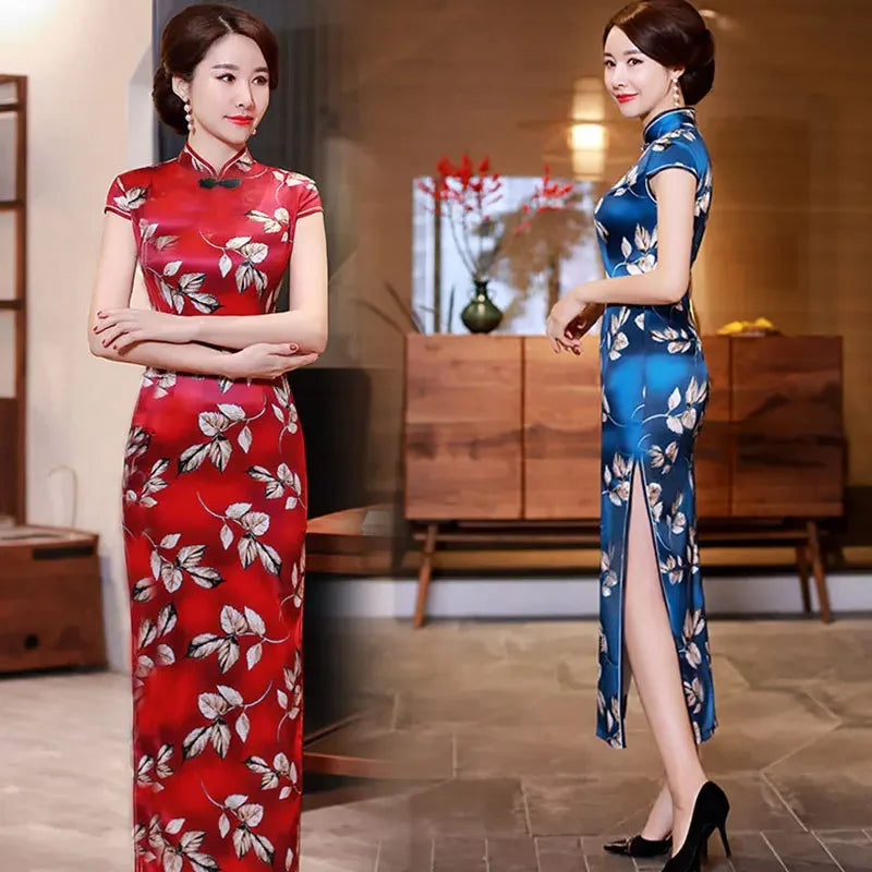 Summer Hot Sale Of The Season Long Elegant Ladylike Slit Qipao Dress Women's Mid-Aged Mommy Style Ethnic Fashion Long Qipao Dres