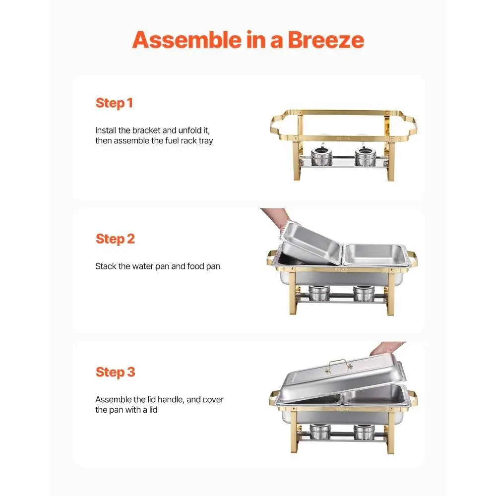 8 Piece Rectangle Chafing Dish Set Buffet Set with Full & Half Size Pans Durable Heat-Resistant Metal Construction Golden Design