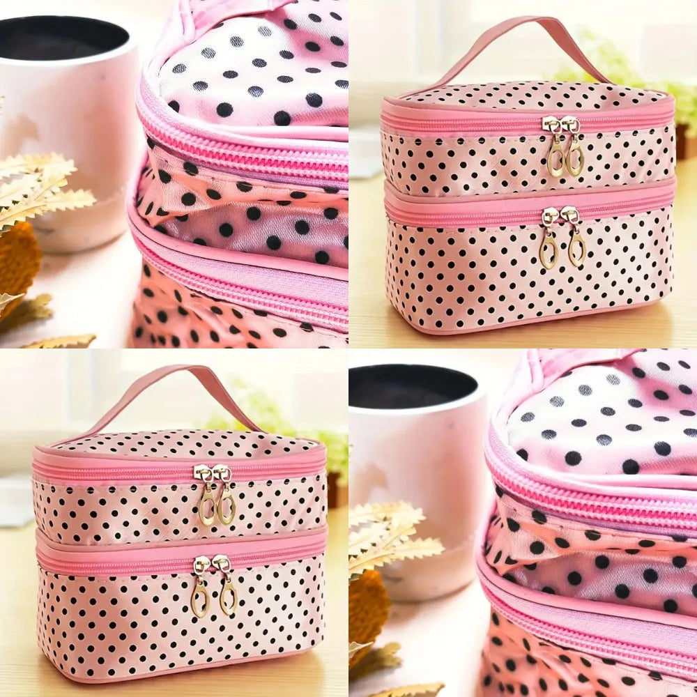 New Title: Double Layer Travel Makeup Bag for Women with Handle, Brush Holder & Polka Dot Design - Compact Toiletry Pouch for Co