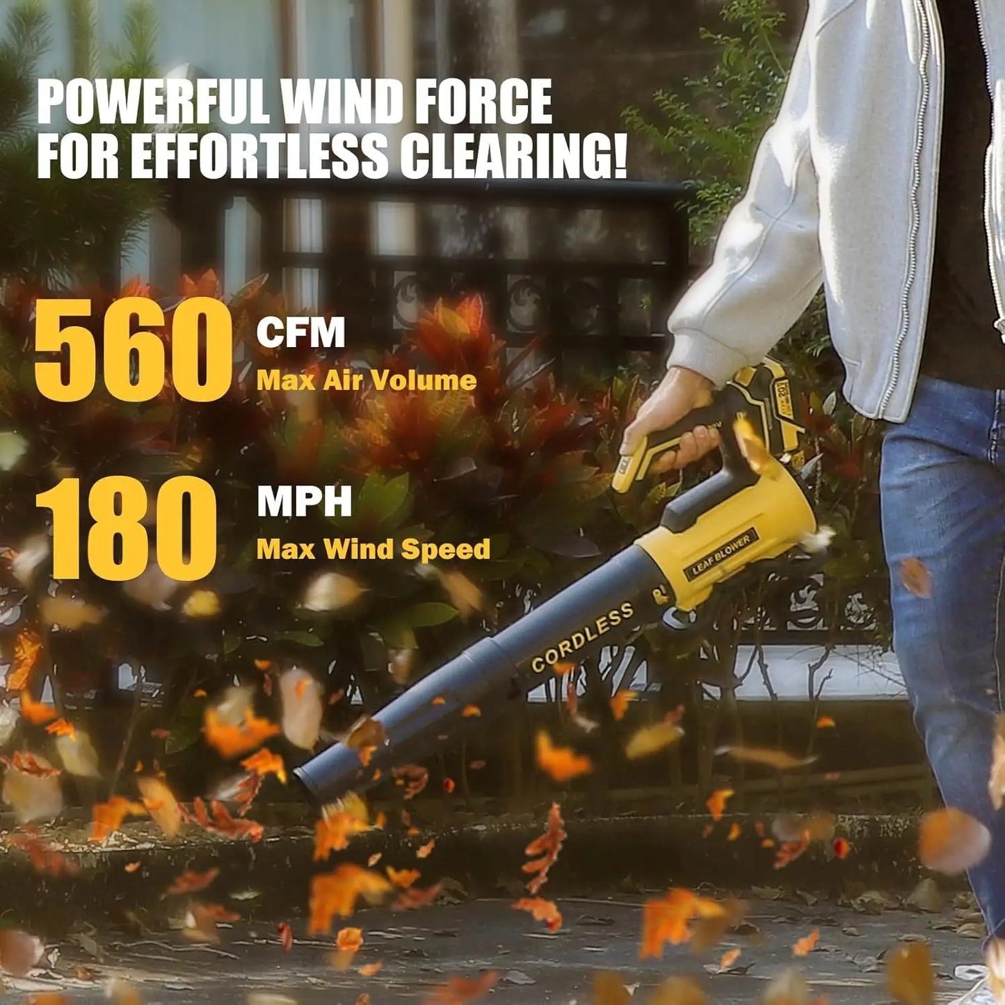 Leaf Blower Cordless with 2× 4.0Ah Batteries and Charger, 560CFM & 180MPH Lightweight Leaf Blower, 2 Speed Electronic Control, 2