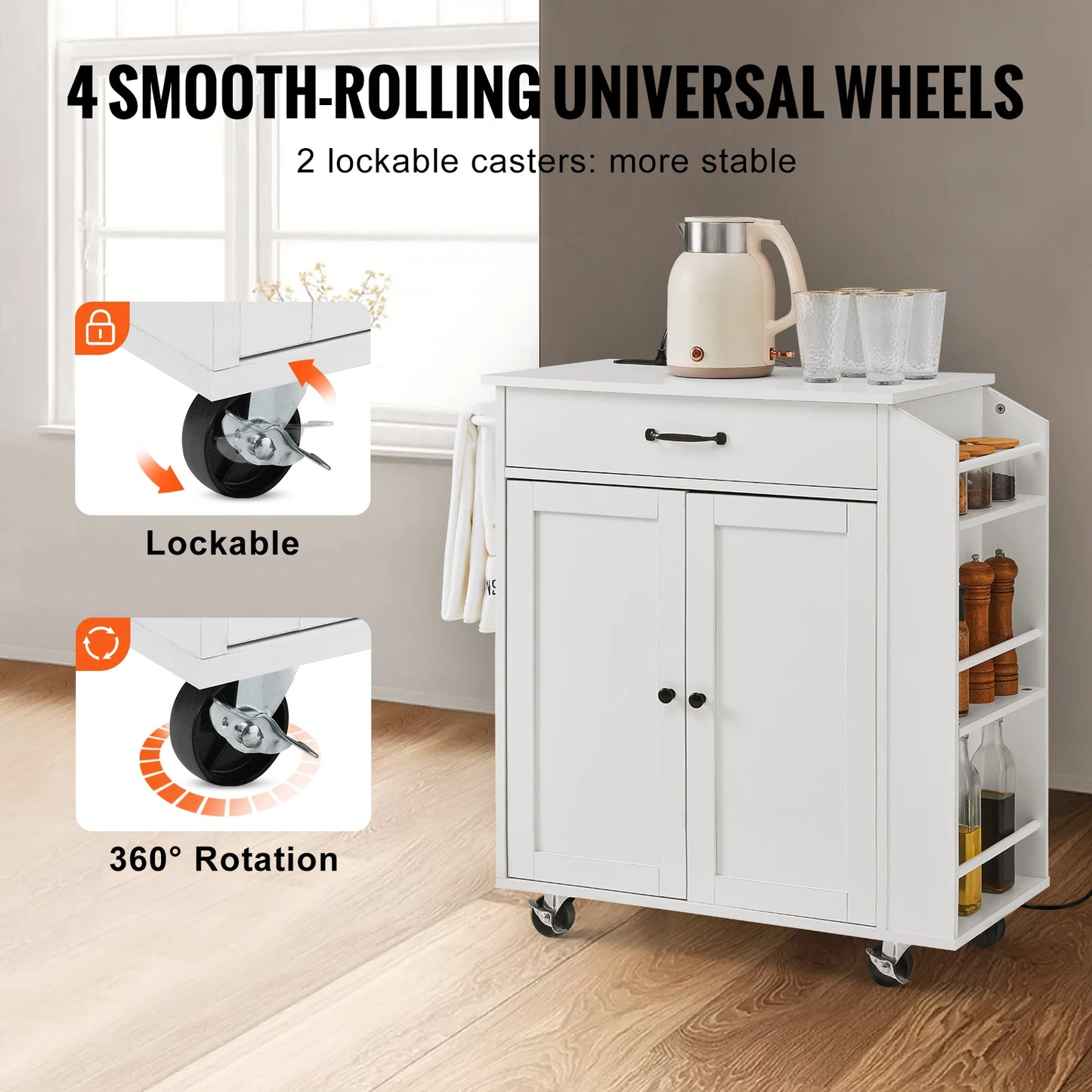 SucceBuy Kitchen Island Cart 32" Mobile Carts with Storage Cabinet Rolling Table with Power Outlet Spice Rack Towel Bar