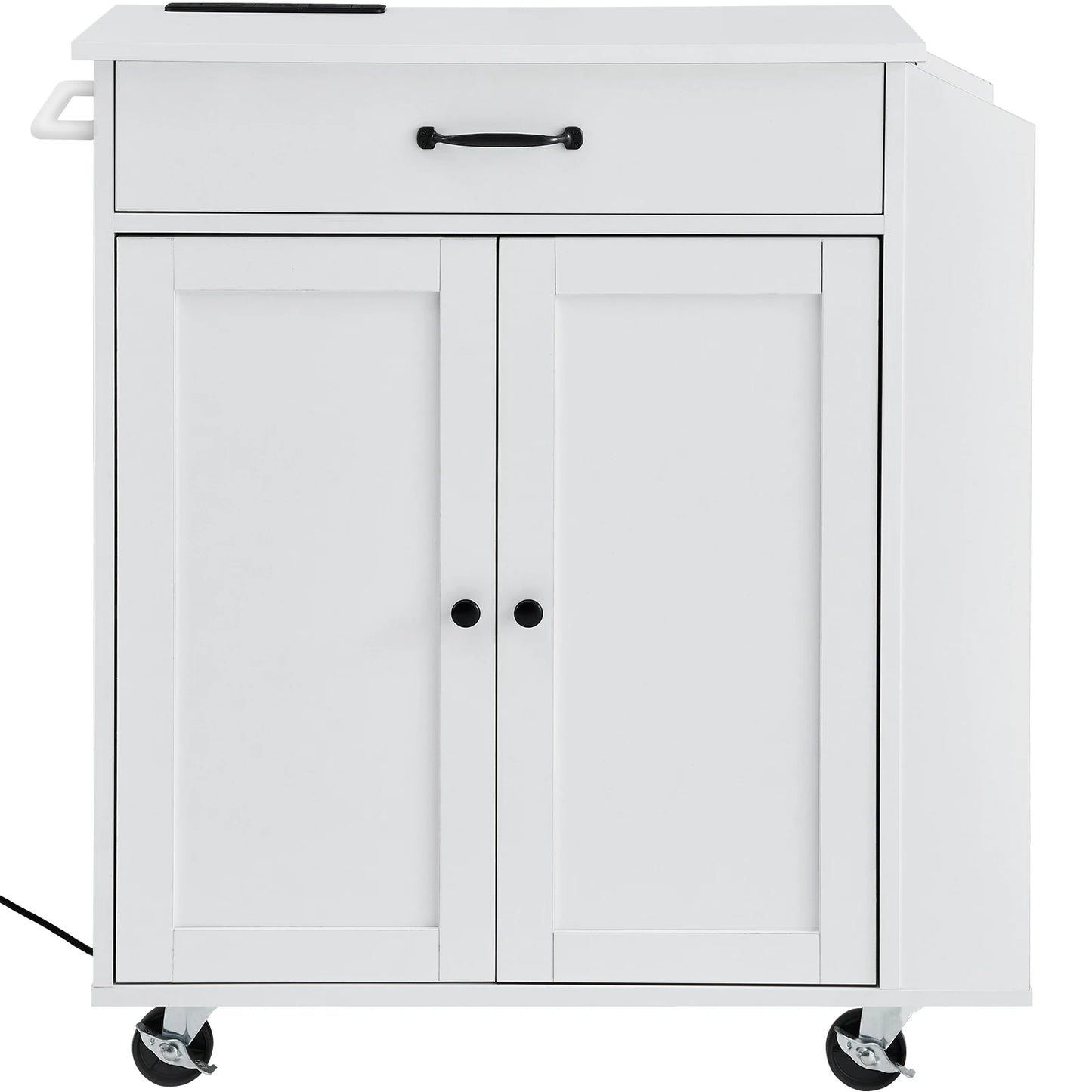 SucceBuy Kitchen Island Cart 32" Mobile Carts with Storage Cabinet Rolling Table with Power Outlet Spice Rack Towel Bar
