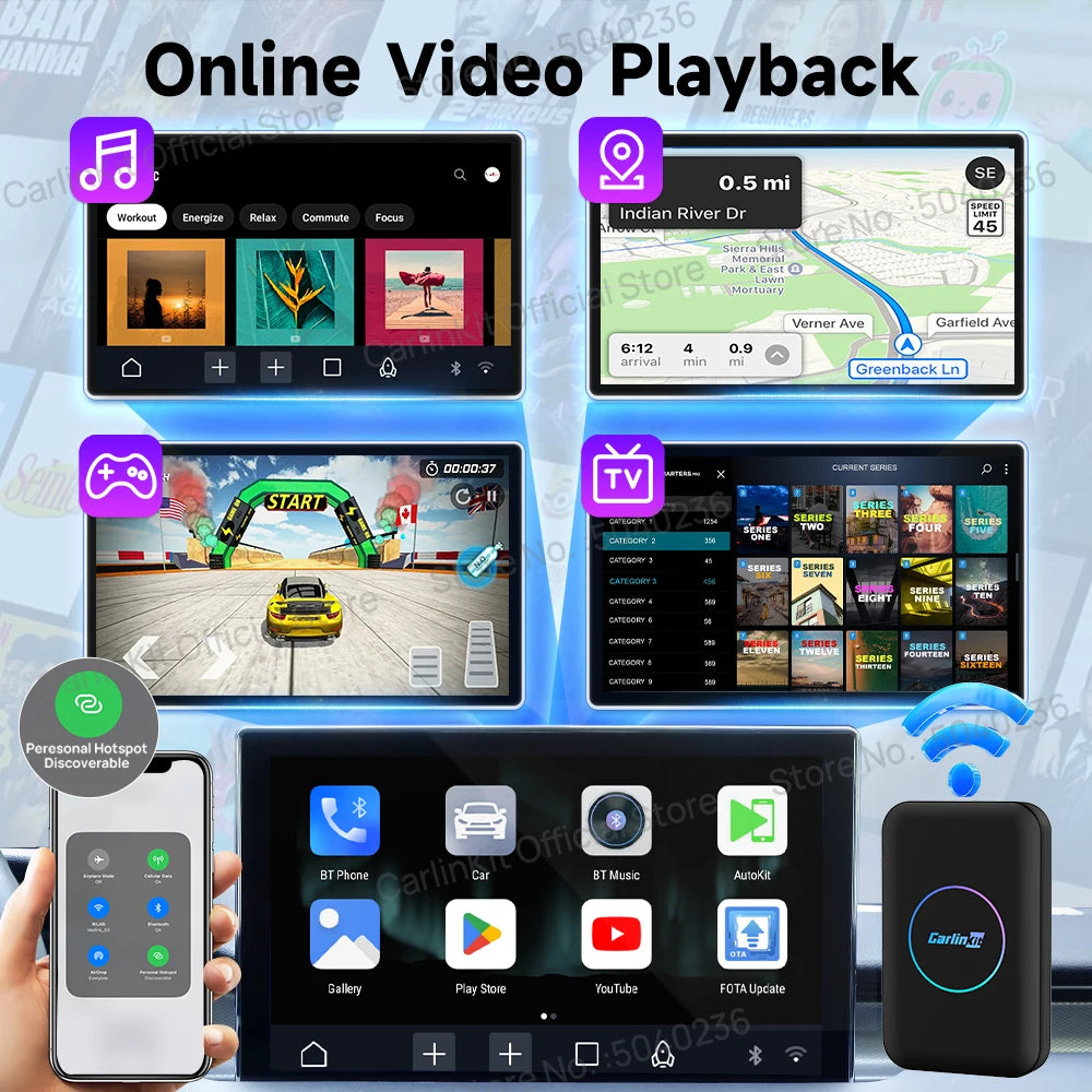 CarlinKit Lite Android TV Box 3-In-1 Wireless Adapter Support Netflix IPTV Wireless Android Auto & CarPlay Dongle For Car Radios