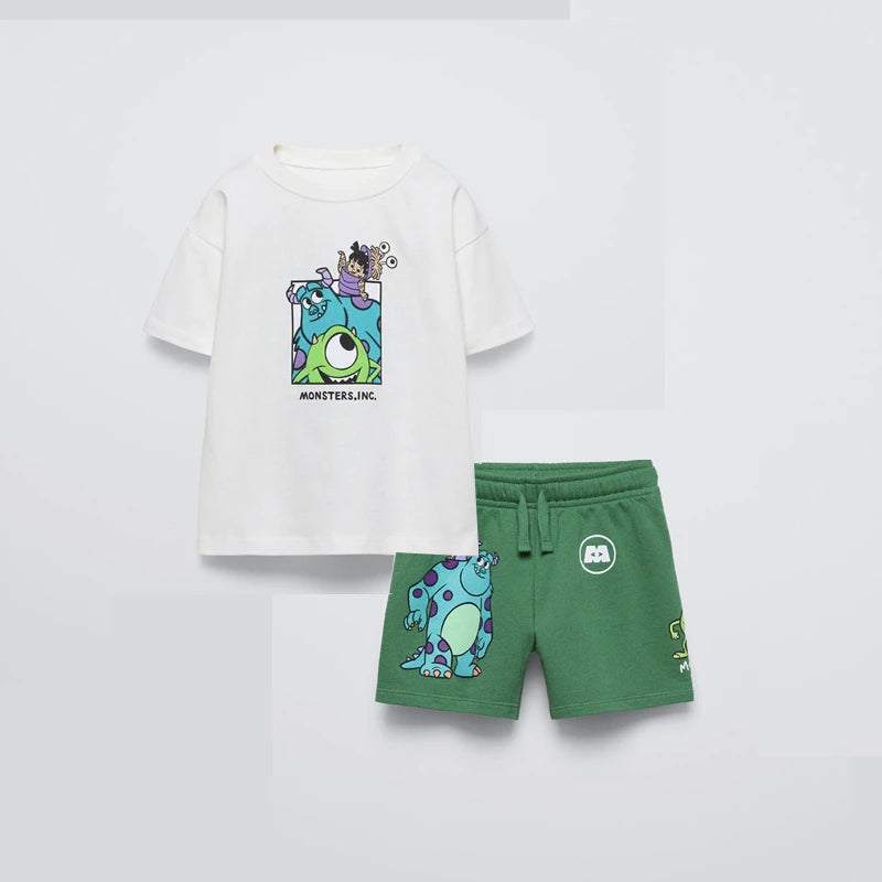 Disney Short Sleeve Outfits Boys And Girls Fashion Casual Tshirt+Shorts Summer Costume New Print Tees Loose Shorts 2 Piece Set