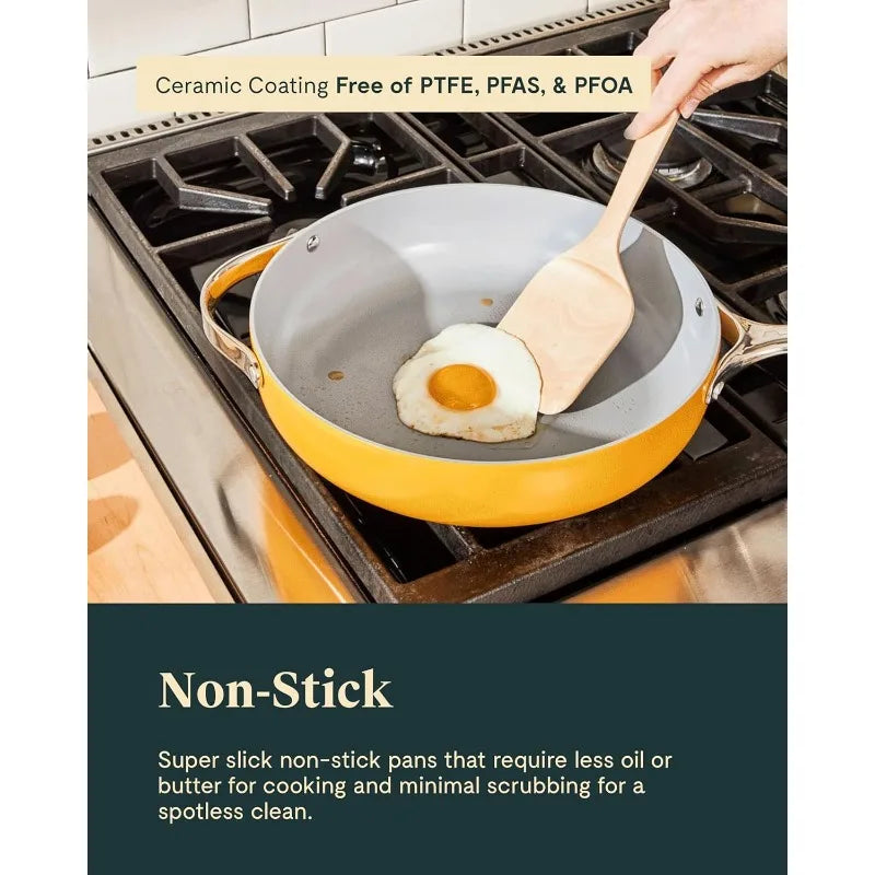 Caraway Nonstick Ceramic Cookware Set (12 Piece) Pots, Pans, Lids and Kitchen Storage - Non Toxic - Oven Safe & Compatible