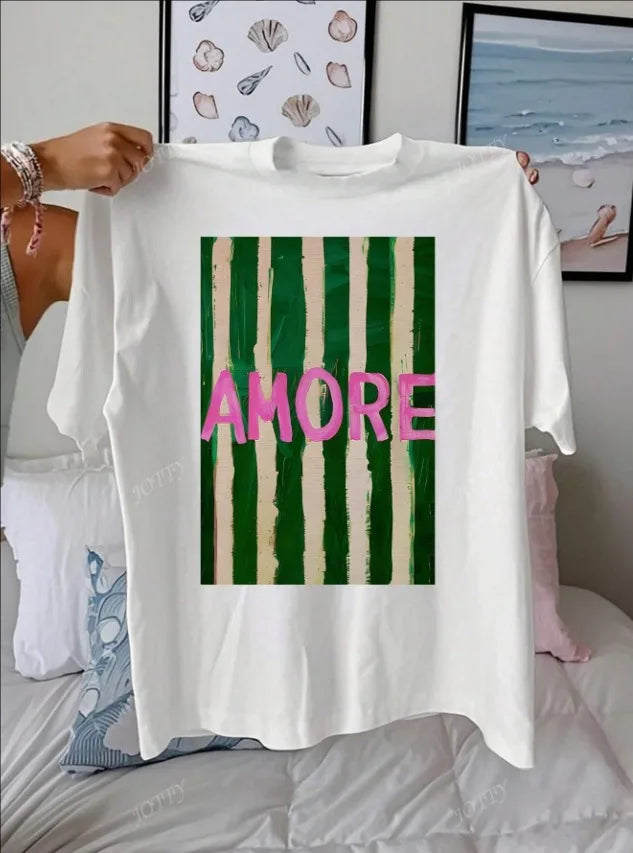 AMORE Striped Art Pattern Summer Outfits Women Casual Round Neck Short Sleeve Cotton T-Shirt Tops