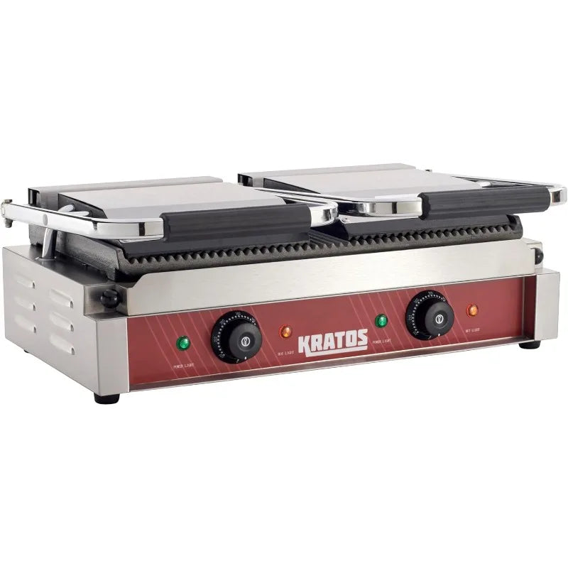 Kratos Commercial Electric Panini Sandwich Grill with Grooved Plates, 18.7" x 9" Cooking Surface