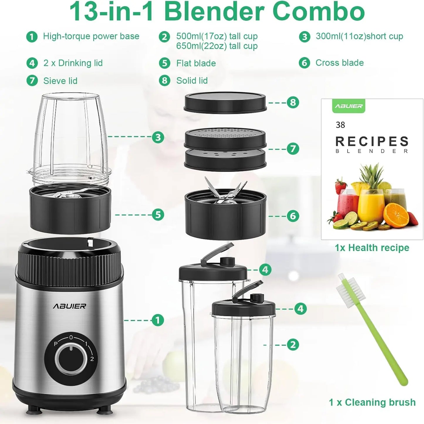 1200W Smoothie Blender, Personal Blender for Shakes and Smoothies, 13 Pieces with 22 OZ To-Go Cup Portable Blenderfor Kitchen Sm