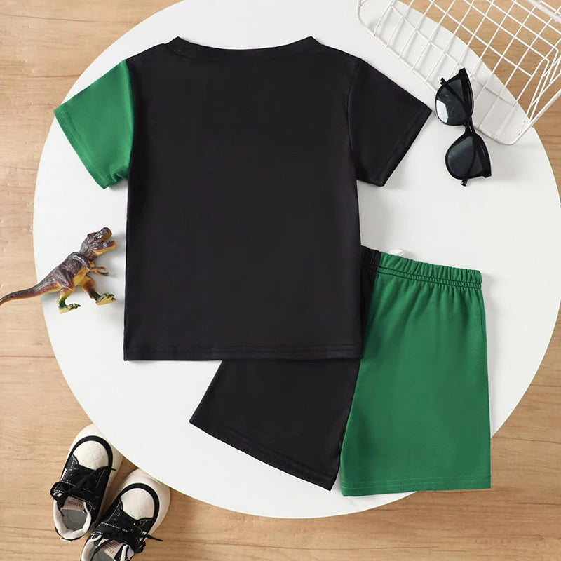 Toddler Boy Casual Summer Outfit Comfortable Fit Crown Dinosaur Graphic Tee with Matching Shorts 2 Piece Set