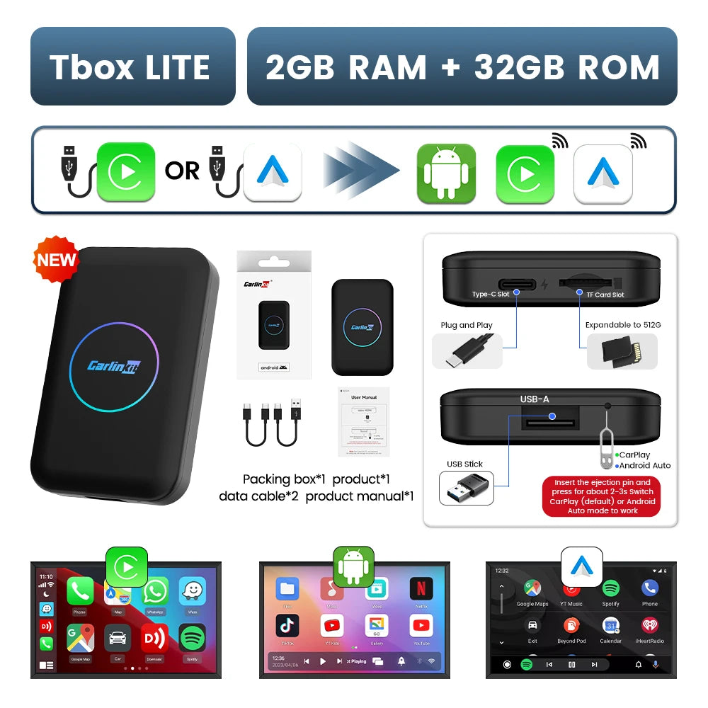CarlinKit Lite Android TV Box 3-In-1 Wireless Adapter Support Netflix IPTV Wireless Android Auto & CarPlay Dongle For Car Radios