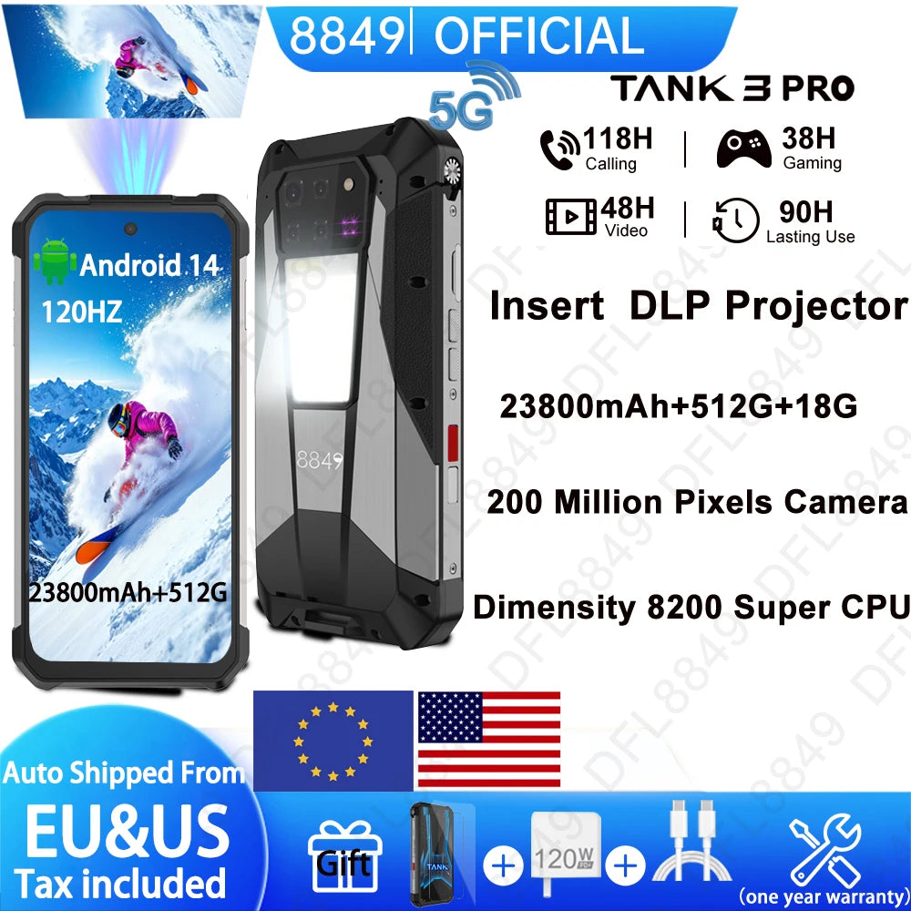 EU MX Warehouse 8849 Tank 3 Pro by Unihertz Rugged Smartphone 5G with 100 Lumens Projector 32/36GB 512GB 23800mAh Cell Phones