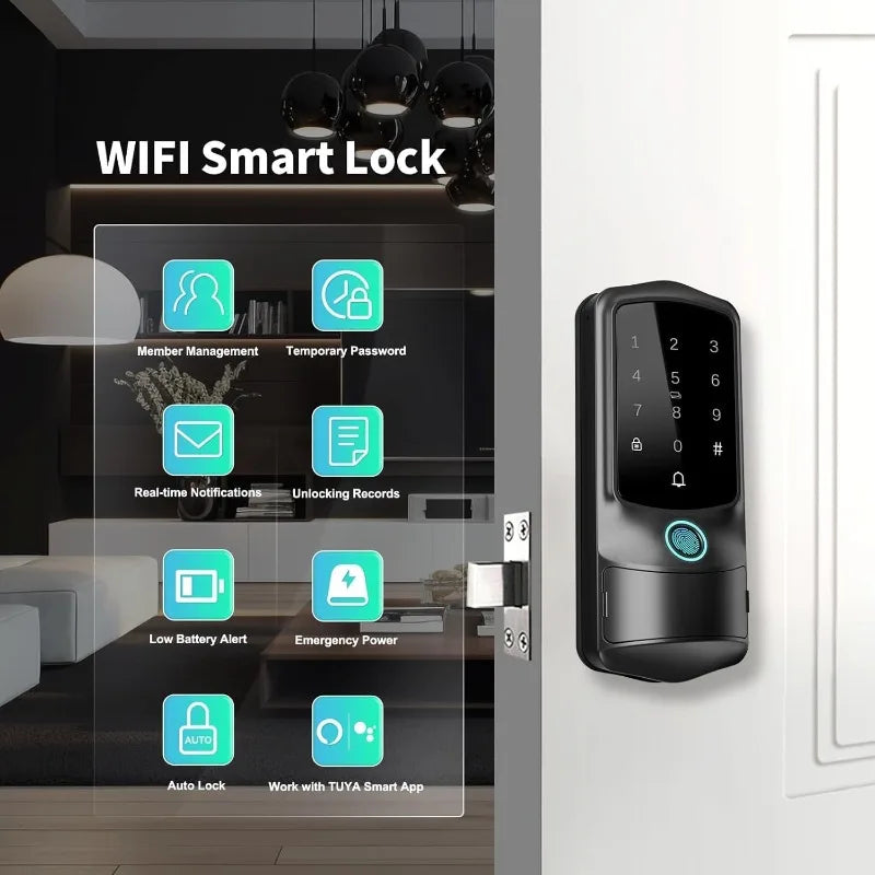 Smart Front Door Lock, Fingerprint Keyless Entry Door Lock with TUYA App Control, Auto Lock, Electronic Digital Locks with Touch